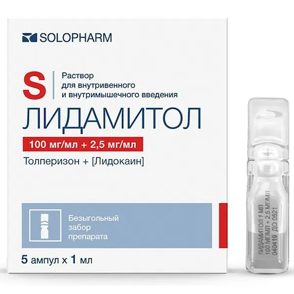 Tolperisone, lidocaine (Lidamitol) injections 100 mg + 2.5 mg/ml 1 ml - [5 ampoules]
