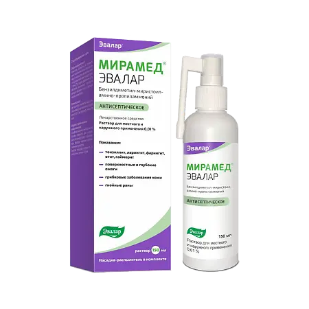 Benzyldimethyl-myristoylamino-propylammonium chloride monohydrate (Miramed Evalar) solution for local and external use with a spray nozzle 0.01% - [150 ml vial]