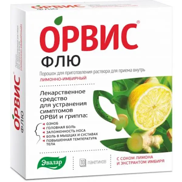 Paracetamol, ascorbic acid, pheniramine (Orvis FLU Evalar) powder for oral solution lemon-ginger - [10 sachets]